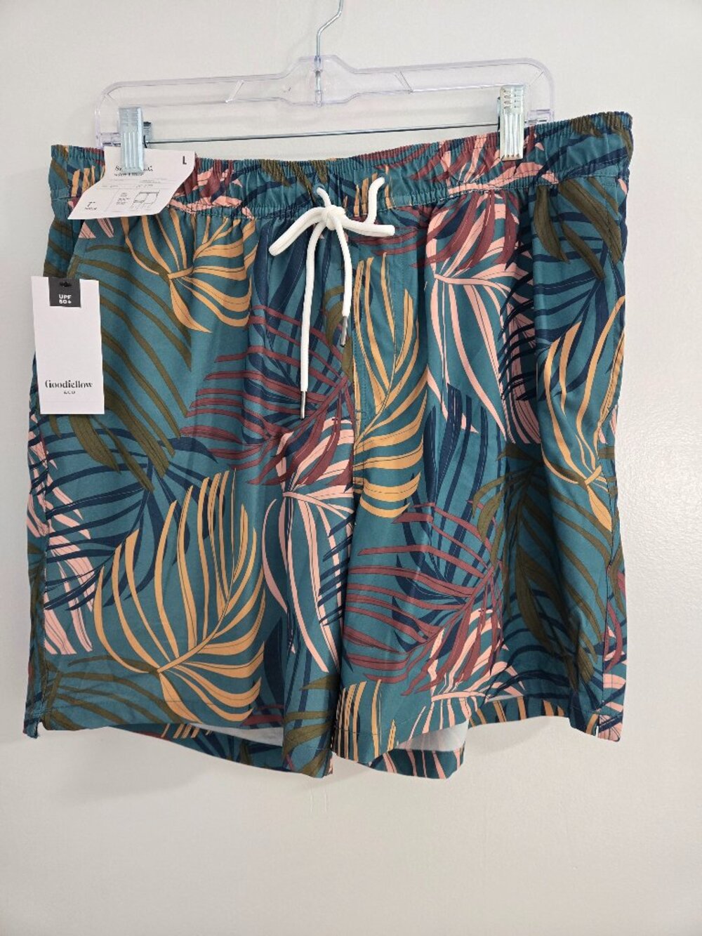 NWT-Goodfellow & Co. Men’s - L Teal Palm Swim Trunks 7" Inseam Lined Quick Dry